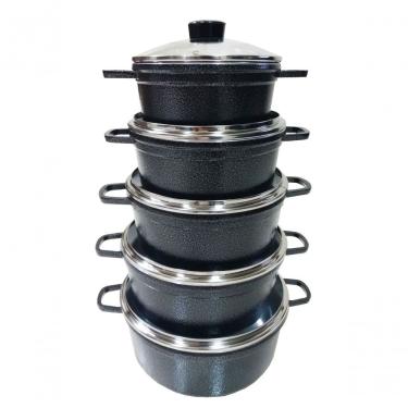 Imagem de Jogo 5 Panelas Alumínio Batido Fundido Preto Craqueado Cava