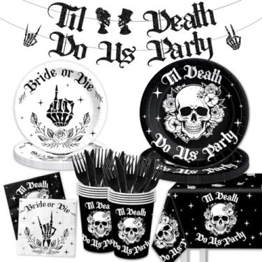 Imagem de CMUSKO Decorações Para Festa De Despedida Solteira "Noiva Ou Morra" - Kit Com 142 Pratos E Guardanapos "Til Death Do Us" Caveira Gótica, Utensílios Mesa Halloween Chá Panela Noivado