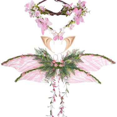 Imagem de RENEMEGO Conjunto de asas de fada rosa para mulheres - 3 peças, coroa de flor de borboleta, orelhas de elfo, asas de elfo, com folhas e videiras, fantasia de mãe natureza para adultos, acessórios de