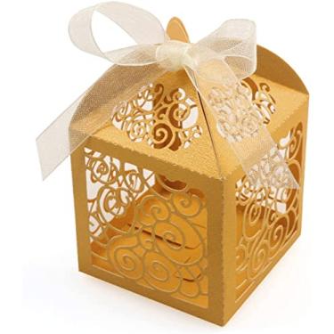 Imagem de KPOSIYA Pacote Com 70 Caixas De Lembrancinhas Casamento Cortadas A Laser, Caixa Pequena Para Presente, Doces Renda Chá Panela, Aniversário Bebê Fitas (Dourada, 70)