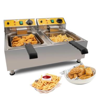 Imagem de Perossia Fritadeira Grande Com Tanque Duplo, Cesto E Tampa, 20 L (21,1 Qt), Elétrica, Aço Inoxidável 304, Para Uso Doméstico Comercial, Fritadeiras De Bancada, Aquecimento Rápido 3500 W