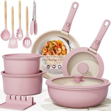 Imagem de Astercook Conjunto De 21 Panelas E Frigideiras Antiaderentes, Utensílios Cerâmica Com Alça Removível, Alças Removíveis Para Cozinha Trailer, Próprio Forno, Pronto Indução, Antiaderente Empilhável, R
