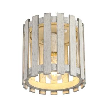 Imagem de wochos Luminária De Teto Rústica Embutida, Semi-Luminária Em Gaiola Madeira Estilo Fazenda Para Entrada, Cozinha, Sala Jantar, Branca