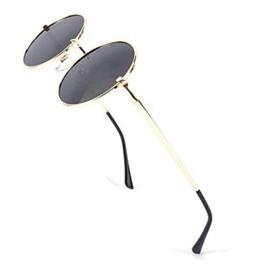 Imagem de FEISEDY Óculos de sol Steampunk retrô redondo polarizado feminino masculino B2528, Lentes pretas com armação dourada 006, 47mm