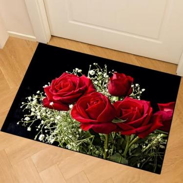 Imagem de Tapete floral macio moderno antiderrapante lavável tapete de área de pilha baixa para quarto, sala de estar, entradas tapete pequeno de 6 x 90 cm (rosa vermelha)
