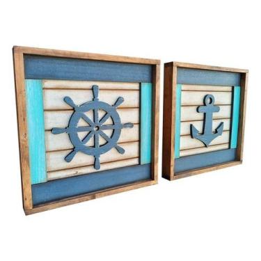 Imagem de 2 Quadros Decorativo Casa Mar Praia Conchas Kit Em Madeira - craft las