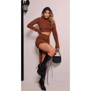 Imagem de Conjunto Lia  Cropped c/ manga flare + saia midi c/ fenda lateral marr