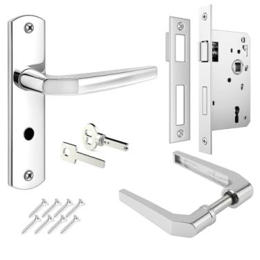 Imagem de Kit 1 Fechadura Completa Soprano Popline Porta Madeira Banheiro Chave Fixa Maçaneta Espelho Inox Contra Testa Parafusos