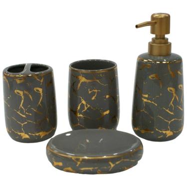 Imagem de Kit Bancada de Banheiro Cerâmica 4 Peças Cinza - Quanhe