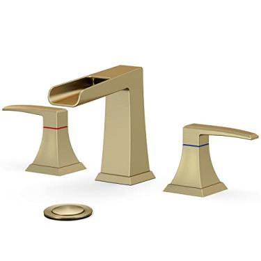 Imagem de Hosslly Torneiras de banheiro para pia com 3 furos, torneira de banheiro ouro escovado, torneira de banheiro de 20 cm de largura e cascata com ralo pop-up de aço inoxidável e mangueira sem chumbo cUPC