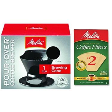 Imagem de Conjunto de cafeteira Melitta Pour Over Coffee Cone Brewer & #2 Filter Marrom Natural, Preto, 1