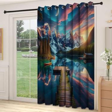 Imagem de Divisória de parede de cortina de sala de lago, cais de madeira musgo desgastado dramático céu nublado lua crescente cenário noturno, cortinas largas isoladas/cortinas de quarto (painel único), L 226