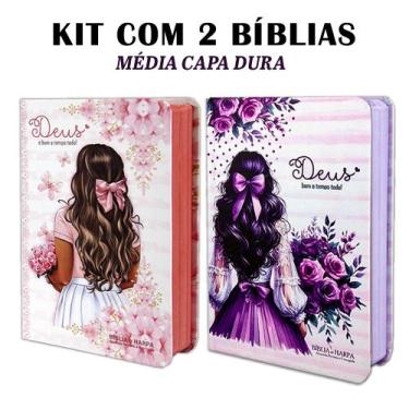 Imagem de Kit 2 Biblias Sagrada -Capa Dura Média Flores Aquarela e Menina Lilás 