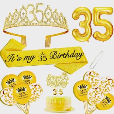Imagem de Xuuf Conjunto De Decoração Para 35º Aniversário Meninas, Incluindo Coroa E Faixa 35 Anos, Velas Topo Bolo, Balões Dourados, Artigos Festa Feminina (Dourado)