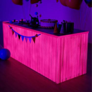 Imagem de 2Pack Neon Party Decorations Glow in The Dark Party Supplies Fluorescent Macaron Pink Wavy Tinsel Foil Fringe Table Skirts Black Light Reactive Perfect Table Decors For Glow Party Wedding Birthday