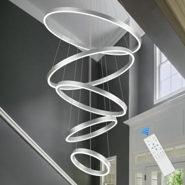 Imagem de AIRYPHANT Lustres Modernos De Led, Lustre De 5 Anéis, Lustre De Teto Alto, 31'', Lustres Grandes Para Hall De Entrada, Luminária Pendente Regulável Prateada Para Sala De Estar, Escada, 3000K-6500K