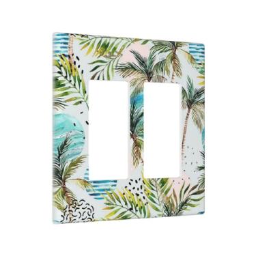 Imagem de Abstrata Boho Tropical Palmeira Folha Coqueiro Verão 2 Gang Outlet Covers Double Rocker Light Switch Cover Decorativo Gfci Placa de Parede Plugue Elétrico para Decoração de Casa