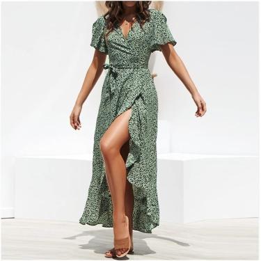 Imagem de Vestido Longo Envelope Verão Estilo Boho Estampa Floral Maxi Vestido De Praia Sexy Vestido De Festa Com Fenda Lateral Vestido De Verão, Green, S