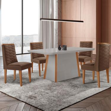 Imagem de Mesa de Jantar Diane 120cm Tampo MDF Vidro com 4 Cadeiras Safira Moderna Mobília - Veludo Marrom/Off/Nat/Serig Off