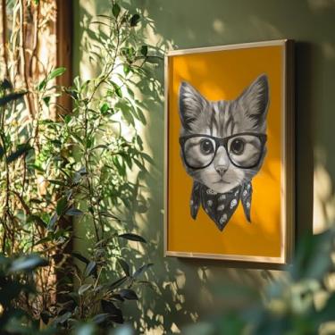 Imagem de Quadro Decorativo Gato Com Óculos Com Moldura Arte Pop Pet Divertido Estilo Retrô Fundo Amarelo Parede Moderna Criativa Animal