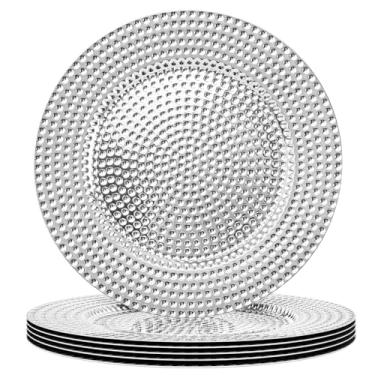Imagem de MAONAME Conjunto de 6 pratos de carregador de prata de 33 cm, carregadores de plástico para pratos de jantar, carregadores de placas galvanizadas, carregadores redondos de martelo para mesa e