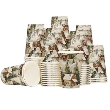 Imagem de Tlenpo 100 pacotes de copos de papel de Natal de 255 g, decoração de padrão de noite de neve de Natal, espessos de 280 g/m², podem ser usados para bebidas quentes e frias, adequado para festas e