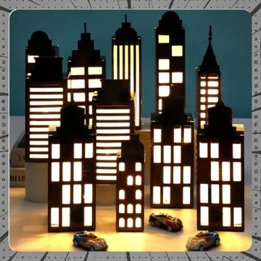Imagem de 12Pcs Hero Party Favor Boxes Skyscraper City 3D Box with Lights Skyline Buildings Treat Boxes Super Themed Hero Party Centerpiece Decorations for Boys Girls Birthday Heroes Parties Supplies (Warm)