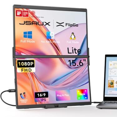 Imagem de JSAUX Monitor portátil FlipGo Lite 39.6 cm IPS Dual Stacked, extensor de tela de laptop FHD 1080p com hub embutido, design magnético, cabo único para configuração de monitor triplo (apenas Windows)