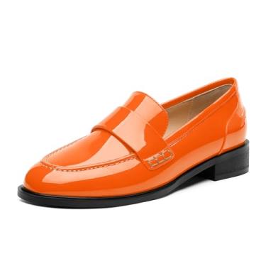 Imagem de NUMALEO Mocassins femininos Penny Loafers & Slip-ons Fechados Bico Redondo Sapatos de Salto Baixo 2,5 cm Patente Moda Sapatos Casuais Confortável Trabalho Escritório Sapatos Elegantes, Laranja, 36