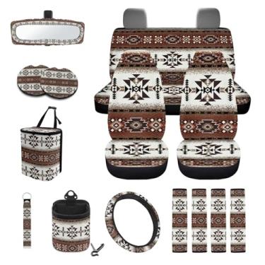 Imagem de Wanyint Conjunto de capas de assento de carro Aztec Southwest Brown 15 peças para homens e mulheres, com capa de volante, almofadas de cinto de segurança, caixote do lixo, bolso para óculos de sol
