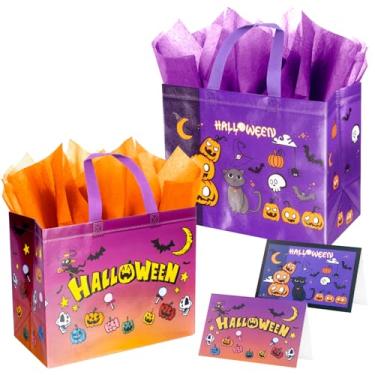 Imagem de Linelglobal Bolsa reutilizável de Halloween para presente com papel de seda para mulheres, homens, meninos, menina, caveira, abóbora, bruxa, gato, 32 cm, pacote com 2