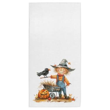 Imagem de Peystean Linda toalha de algodão macio, carrinho de mão de Halloween espantalho empurrando abóbora grande toalhas de mão absorventes decoração de casa para hóspedes, banheiro, praia, hóspedes, hotel