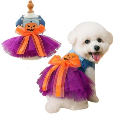 Imagem de Yaopelky Vestido tutu de Halloween para cães, roupas para cães pequenos, médios, estampa de abóbora, roupas de gato com top jeans, saia de tule roxa com laço laranja, fantasia de animal de estimação