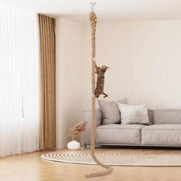 Imagem de Corda de escalada para gatos de 5 cm x 9,84 m com gancho, corda de juta natural para escalada de gatos para montagem no teto e na parede, cordas de sisal duráveis para gatos internos e externos
