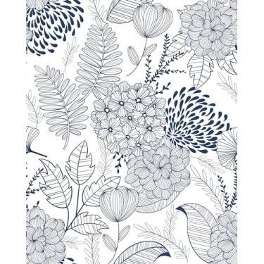 Imagem de MelunMer Papel de parede azul marinho para banheiro boho vintage floral folha de contato papel de parede para armários e gavetas lavanderia papel de parede adesivo e descasca, removível, impermeável