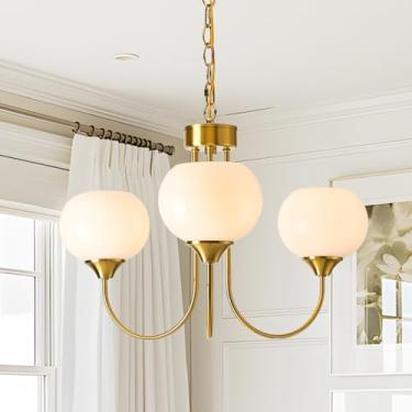 Imagem de FEAZAC Lustre Globo Moderno 3 Luzes Meados do Século Branco Vidro Leite Vintage Sputnik Lustres Pingente Dourado Luminárias para Sala de Jantar Cozinha Sala de Estar Quarto