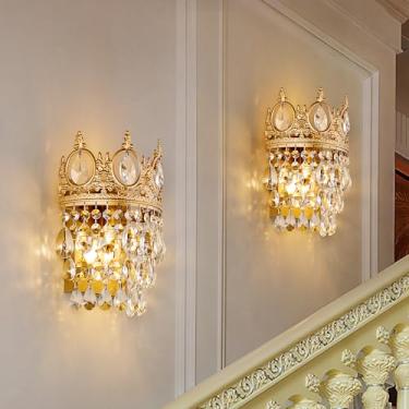 Imagem de TOCHIC Conjunto de duas arandelas de parede, luminárias douradas para quarto, lâmpada de parede vintage para corredor, sala de estar, escadas