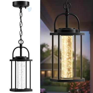 Imagem de APOTO Luminária pendente externa, lustre de LED de 35,5 cm do crepúsculo ao amanhecer, alumínio preto para pendurar no exterior luminária de teto com vidro bolha de cristal para entrada de varanda e