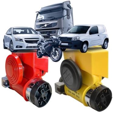 Imagem de Buzina a Ar Marítima Universal Veículos 12V com Compressor 2 Corneta Amarela Vetor VT045