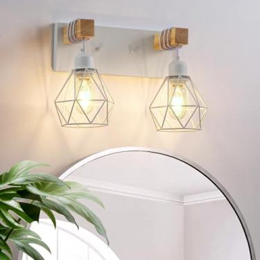 Imagem de Luminária de banheiro para banheiro, luminária de banheiro de madeira branca com 2 luzes sobre o espelho, iluminação de parede de arandelas rústicas com abajur de metal para sala de estar, quarto