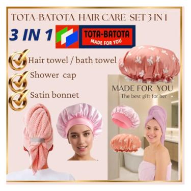 Imagem de TOTA-BATOTA Conjunto de cuidados com o cabelo 3 em 1 – envoltório de toalha de cabelo de microfibra, touca de banho à prova d'água e gorro de cetim super absorvente | Antifrizz | Secagem sem calor |