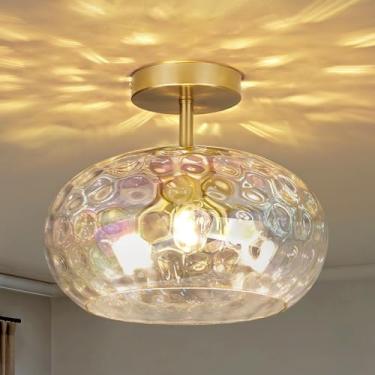 Imagem de CLARSYNE Luminária de teto iridescente de vidro martelado arco-íris de 30,5 cm, luminária de montagem semi-embutida de 3 luzes, iluminação dourada moderna para quarto, corredor, cozinha, sala de