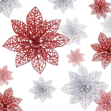 Imagem de Boao 24 peças de flores artificiais de poinsétia com glitter de Natal, enfeites de árvore de Natal com clipes para guirlanda de Natal, decorações florais de festa de casamento, multitamanhos (vermelho