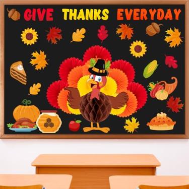 Imagem de Decoração de quadro de avisos de outono de Ação de Graças – Conjunto de recortes de papel "Give Thanks Every Day" em forma de favo de mel 3D para escola, sala de aula, porta de parede de outono