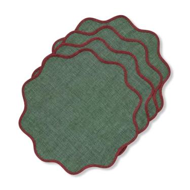 Imagem de Solino Home Jogo americano de linho conjunto de 4-100% linho puro vermelho granada e verde floresta jogo americano de pano redondo 40,6 cm para verão, outono, outono - Giselle Scallop Edge, feito à