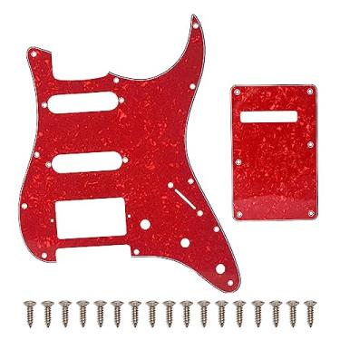 Imagem de SAPHUE HSS Conjunto de 11 furos para guitarra elétrica e placa traseira para Fender EUA/México, peças de guitarra estilo moderno Stratocaster (3 camadas vermelho pérola)