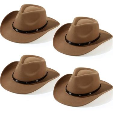 Imagem de Mumufy 4 peças de chapéu de caubói clássico ocidental masculino de feltro de aba larga, chapéu feminino com fivela de cinto para adultos, Caqui, tamanho �nico