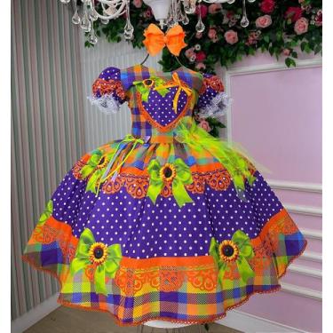 Imagem de Vestido Junino Luxo Roxo e Laranja - Arraia do Coração Roxo - Fabuloso