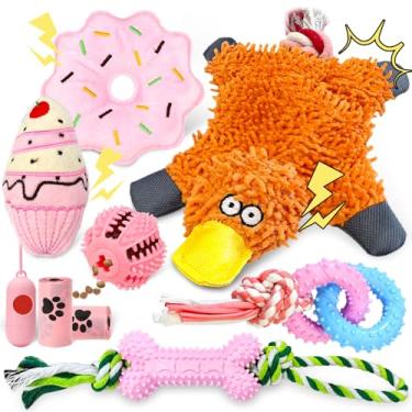 Imagem de AXIIJGL Pacote com 9 brinquedos para filhotes de cachorro sem enchimento, brinquedo de pato, bolo de donut, brinquedos para cães que rangem, mastigáveis, calmantes, para cães, brinquedos de borracha