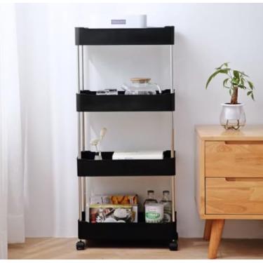 Imagem de Organizador Móvel com 4 Prateleiras, Carrinho Multiuso com Rodízios, Estante de Armazenamento para Banheiro e Cozinha, Branco e Preto
